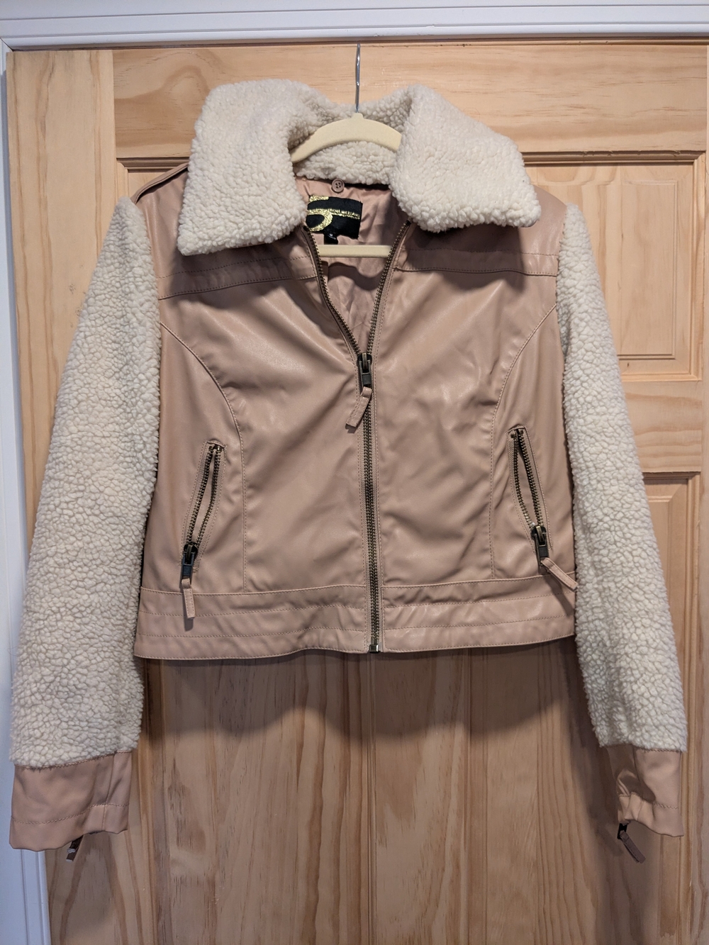 Serena Williams Sherpa Faux Leather Moto Jacket Tan Cream Size M